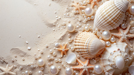 Seashells and pearls on the sand as a backgroundの素材