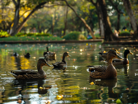 Ducks swimming in the lake in the public park, Thailand.の素材