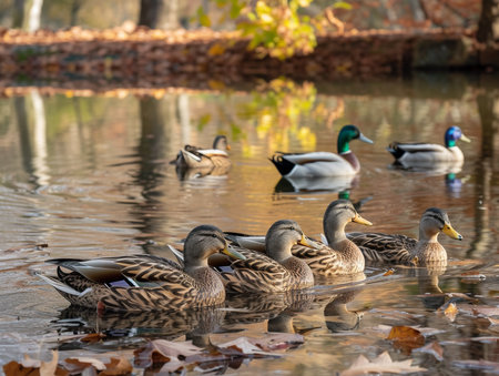 Mallard ducks swimming in a lake in a park in autumnの素材