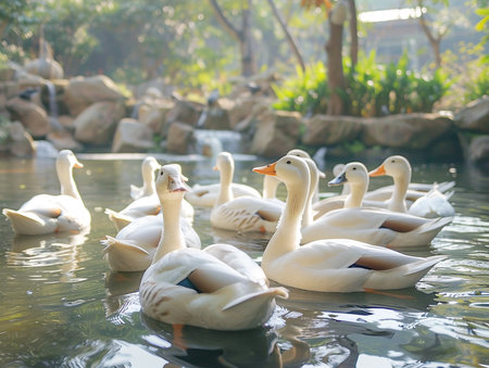 Group of white ducks swimming in the pond in the park, selective focusの素材