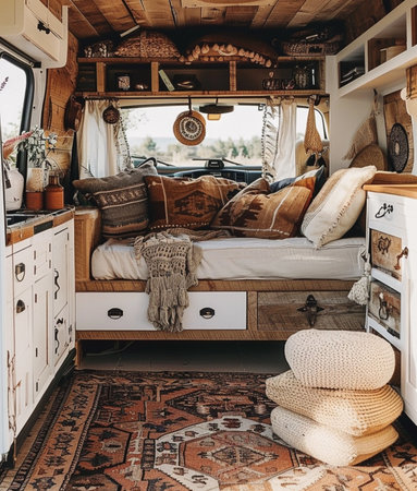 Interior of a camper van with a lot of pillows.の素材