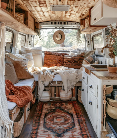 Interior of a camper van with a lot of pillowsの素材