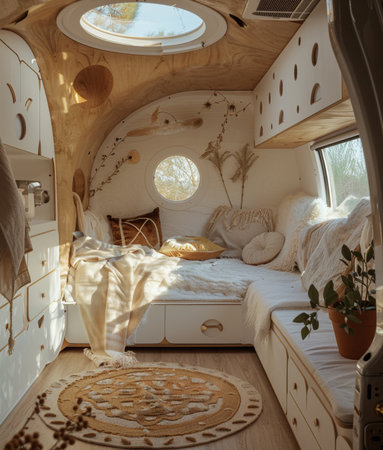 Interior of a modern camper van with white bed and pillowsの素材