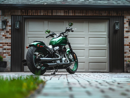 Motorcycle parked in front of a house. Close-up.の素材