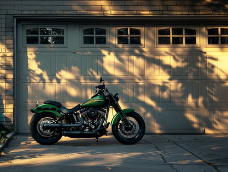 Motorcycle parked in front of a garage door with shadow on the wallの素材