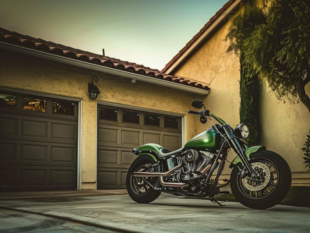 Vintage chopper motorcycle parked in front of a garage door.の素材