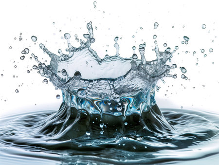 water splash isolated on white background. Splash effect after collision a falling drops with water Surfaceの素材