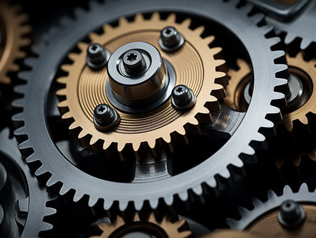Close-up of gears and cogs on a black background.の素材