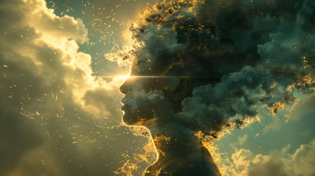Double exposure of woman face with smoke and sun. 3D renderingの素材