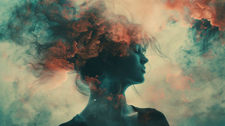 Portrait of a beautiful young woman with red smoke in her hairの素材