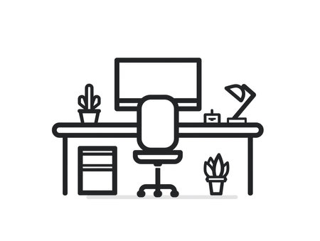 Office desk line icon. Workplace with computer, chair and plant. Vector illustrationの素材