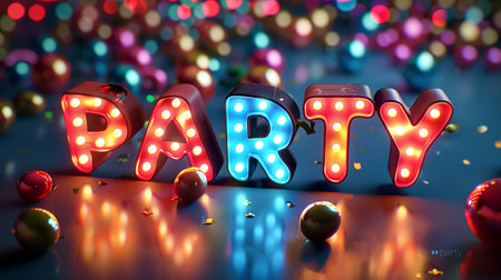 3d rendering of party sign with colorful bokeh background.の素材