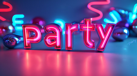 Party word in neon light with christmas decoration. 3D renderingの素材