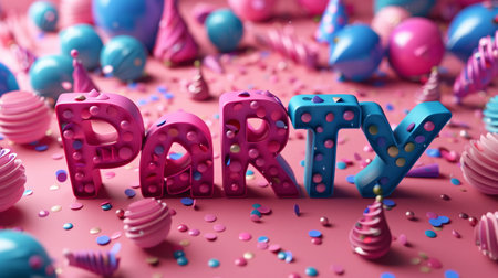 Party word made of balloons and confetti on pink background. 3d illustrationの素材