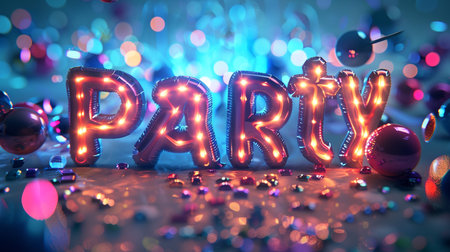 Colorful garland in the shape of the word party on a blurred background.の素材