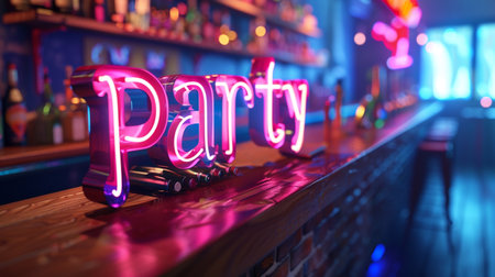 Neon sign on bar counter in night club. 3D renderingの素材