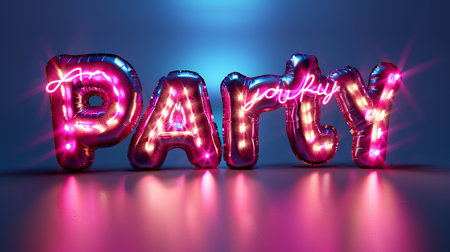 Happy birthday 3d illustration in pink and blue neon light balloon.の素材
