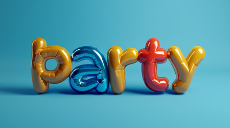3d render of colorful plastic balloon word happy on blue background.の素材