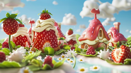 strawberry cake with blue sky background. 3d illustration.の素材