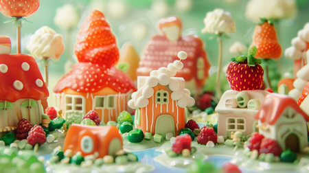 Miniature houses with berries and candies on a green background.の素材