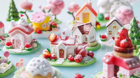 Merry Christmas and Happy New Year background with gingerbread houses and flowersの素材