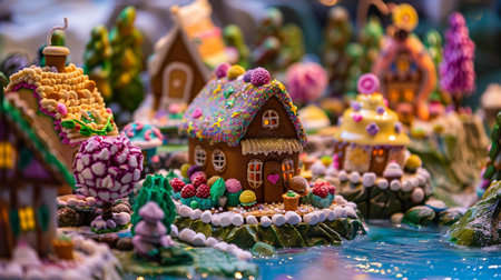 Colorful handmade gingerbread houses in the shape of a house.の素材