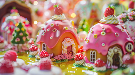 Christmas gingerbread houses decorated with icing and snowflakes on a yellow backgroundの素材