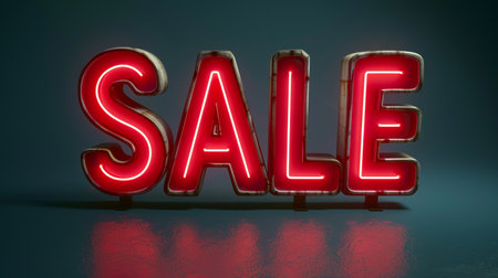 3d render of red neon sale sign on dark background with reflectionの素材