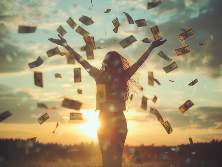 Young woman throwing money in the air against the background of the setting sunの素材