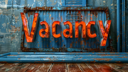 Vacancy text on old rusty metal box on wooden floor.の素材