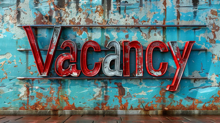 Vacancy sign on a rusty metal wall. 3D renderingの素材
