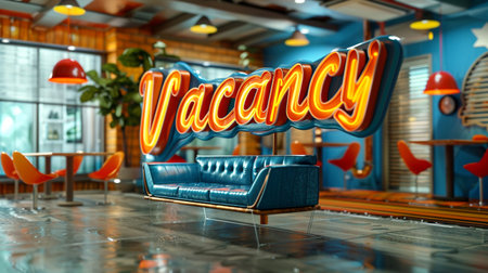 Vacancy neon sign in a hotel lobby. 3D renderingの素材