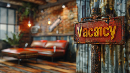 Vacancy sign on a wooden signboard in a cafe.の素材
