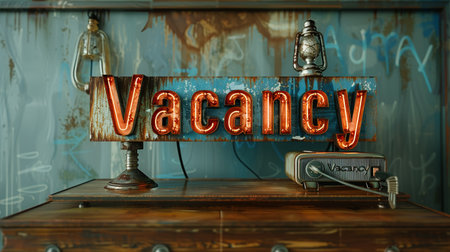 Vacancy Sign on an Old Wooden Table. 3D Renderの素材