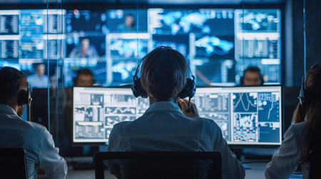 Security guard monitoring modern CCTV cameras in surveillance room. Security guard in surveillance room.の素材