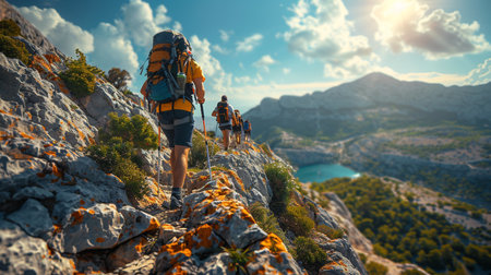 Hikers with backpacks on the trail in the mountains. Hike in Turkey.の素材