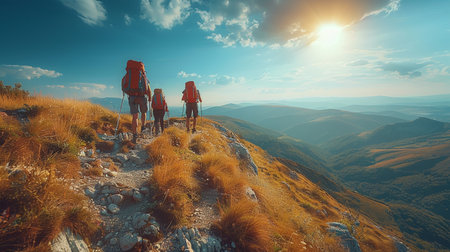 Hikers in the Carpathian mountains at sunset, Ukraine.の素材