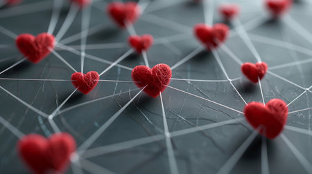 Red hearts connected to each other on a dark background. 3d renderingの素材