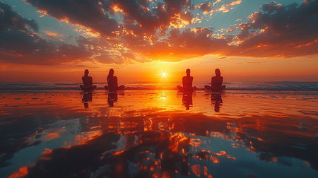 Silhouette of three women sitting on the beach at sunset.の素材