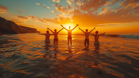 Group of happy friends jumping in the sea at sunset. Concept of happiness and freedom.の素材