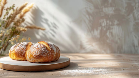 Freshly baked croissants on a wooden board on a white backgroundの素材