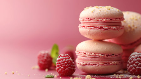 Macaroons with raspberries on pink background, closeupの素材