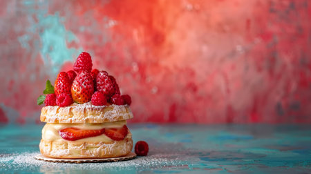 Cake with strawberries and raspberries on a blue background.の素材