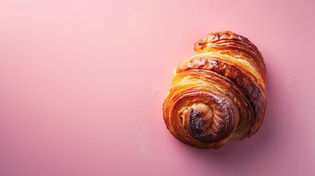 Croissant on pink background, top view, copy space.の素材