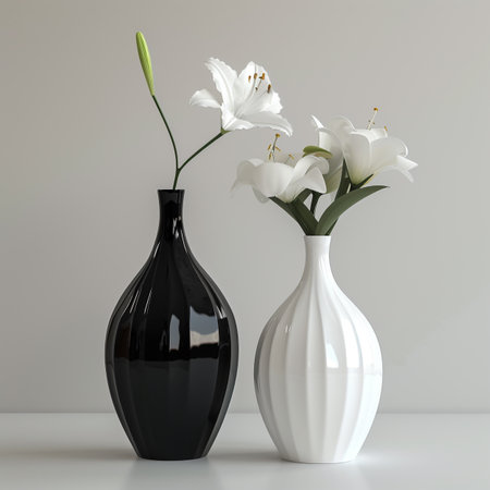 Black and white vases with lilies on a gray background.の素材