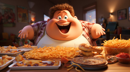 Fat man eating junk food in a fast food restaurant. 3d illustrationの素材