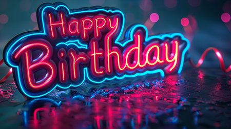 Happy birthday greeting card, 3d rendering. Glowing neon signの素材