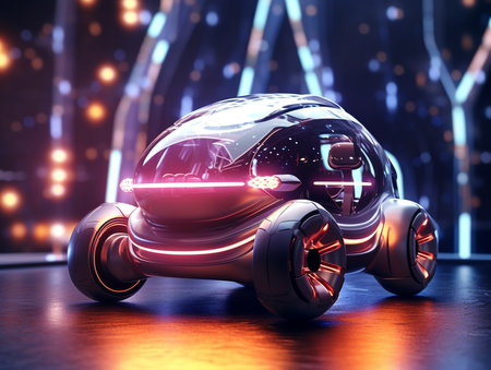3d rendering of a futuristic electric car with neon lights on the backgroundの素材