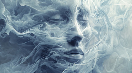 Digital illustration of a female face in white smoke against a blue backgroundの素材