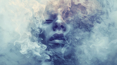 Double exposure portrait of a beautiful woman with smoke in her face.の素材